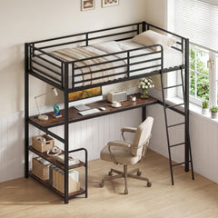 Twin Loft Bed with Desk and Shelves for Kids and Adults-Rustic Brown