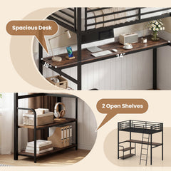 Twin Loft Bed with Desk and Shelves for Kids and Adults-Rustic Brown