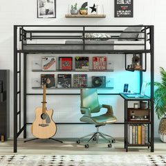 Twin Loft Bed with Desk LED Lights Charging Station Heavy-duty Metal Bed Frame with Guardrail-Black