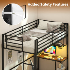 Twin Loft Bed with Desk LED Lights Charging Station Heavy-duty Metal Bed Frame with Guardrail-Black