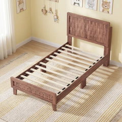 Twin Wood Platform Bed with Woven Pattern Headboard and Footboard