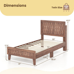 Twin Wood Platform Bed with Woven Pattern Headboard and Footboard