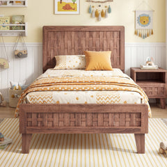 Twin Wood Platform Bed with Woven Pattern Headboard and Footboard