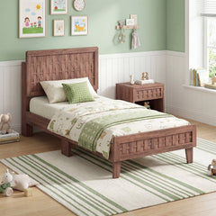 Twin Wood Platform Bed with Woven Pattern Headboard and Footboard
