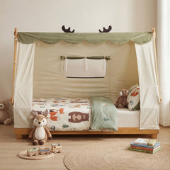 Twin House Floor Bed with Removable Velvet Tent and Antler Frame, Natural Wood