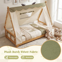 Twin House Floor Bed with Removable Velvet Tent and Antler Frame, Natural Wood