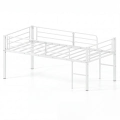 Twin Size Low Loft Bed with Safety Guardrails and 2 Ladders-White