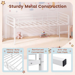 Twin Size Low Loft Bed with Safety Guardrails and 2 Ladders-White