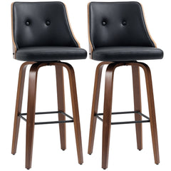 Bar Height Bar Stools Set of 2, PU Leather Upholstered Swivel Barstools with Solid Wood Legs Footrest and Tufted Back, Black