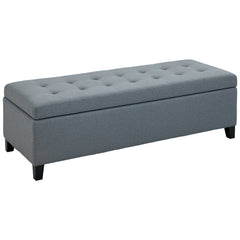 Rectangular Entry Bench, Tufted Upholstered Linen Fabric Wood Feet Storage Ottoman Bench, Beige