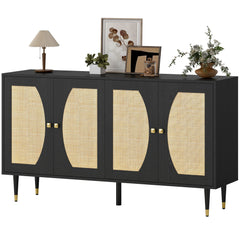 55" Sideboard Buffet Cabinet, Boho Storage Cabinet with Adjustable Shelves, Soft Close Doors and Rattan Front, Black