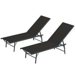 2 Pieces Folding Outdoor Lounge Chairs, Reclining Chaise Lounge Tanning Chair w/ Adjustable Back, Mesh Seat, Black