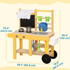 Mud Kitchen for Kids Outdoor with Wheels, Wooden Play Kitchen with Sink, Storage, Planting Pots, Blackboard, Yellow
