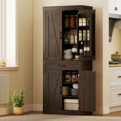 72" Kitchen Pantry Cabinet, Farmhouse Kitchen Storage Cabinet with 4 Barn Doors, 6 Door Shelves, Drawer, Black