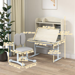 Kids Desk and Chair Set with Tilting Desktop, Adjustable Height, Drawer and Shelves for Boys Girls Ages 3-12, Grey