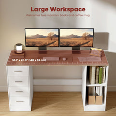 Office Desk, 55" Computer Desk with 4 Reversible Drawers, Mobile PC Stand, Adjustable Shelf, Black Wood Grain