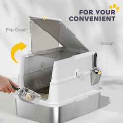 XL Stainless Steel Cat Litter Box for Big Cats with Flip Top, Scoop, Easy Clean & No Odors, Non-Sticky