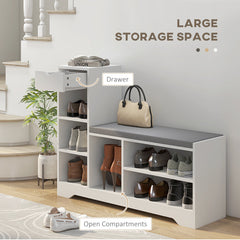 Upholstered Shoe Storage Bench w/ Seat, Entrance Bench w/ Drawer and 6 Open Shelves for Hallway, Grey
