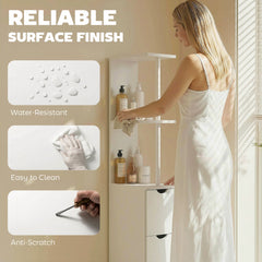 Tall Bathroom Storage Cabinet, Narrow Bathroom Cabinet with Drawers and Open Shelves for Small Spaces, White and Grey