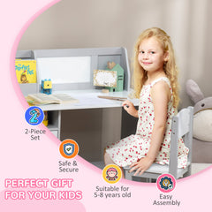 2Pcs Kids Desk and Chair Set with Whiteboard, Storage, Shelves, Grey