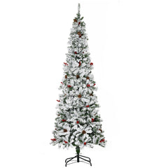 6 Foot Pencil Snow Flocked Artificial Christmas Tree with 600 Pine Realistic Branches, Pine Cones, Red Berries, Auto Open, Green