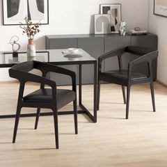 Set of 2 Wooden Armchairs with Curved Back and Black PU Leather Seat