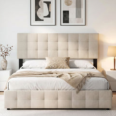 Upholstered Headboard Queen/Full Size Quilted Grid Linen Fabric Bed Frame Mount Panel-Beige