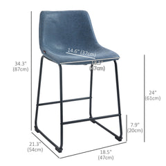 Counter Height Bar Stools Set of 2, Vintage PU Leather Bar Chairs, Kitchen Stools w/ Footrest for Home Bar, Blue