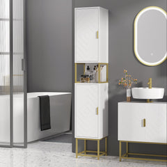 Tall Bathroom Storage Cabinet, Modern Narrow Bathroom Cabinet with Diamond Chevron Pattern and Adjustable Shelf, Black
