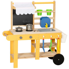 Mud Kitchen for Kids Outdoor with Wheels, Wooden Play Kitchen with Sink, Storage, Planting Pots, Blackboard, Yellow