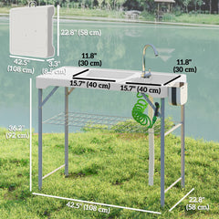 Folding Fish Cleaning Table with Sinks, Camping Sink with Faucet Drainage Hose Sprayer Shelf, Grey