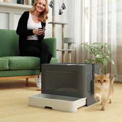 Cat Litter Box, Front Enter & Top Exit Cat Litter Tray with Scoop, Pull-out Tray, Easy to Clean, Green
