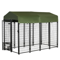 Outdoor Dog Kennel, Lockable Pet Playpen Crate, Welded Wire Steel Fence, Rotating Bowl Holders, Green