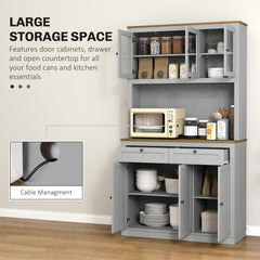 71" Pantry Cabinet with Microwave Space, Buffet with Hutch, 2 Drawers, Adjustable Shelves and Glass Doors, Blue