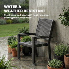 Stackable Patio Chairs Set of 2, Outdoor Dining Chairs with Faux Wicker Steel Mesh Back, Slatted Seat, Armrests, Black