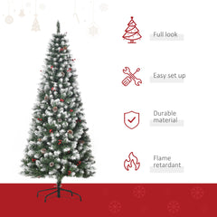 5ft Decorated Christmas Tree with Red Berries and Pine Cones, Flocked Christmas Tree with Pencil Shape, Green