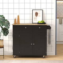 Kitchen Island with Power Outlet and Drop Leaf, Rolling Kitchen Cart with 2 Drawers and Adjustable Shelves, Black