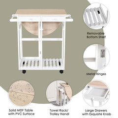 Kitchen Trolley 3 Piece Kitchen Cart Set Drop Leaf Breakfast Table and 2 Stools w/ Rolling Wheels & Towel Bars, Wood & White