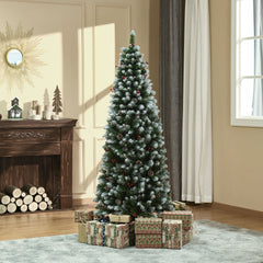 5ft Decorated Christmas Tree with Red Berries and Pine Cones, Flocked Christmas Tree with Pencil Shape, Green