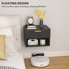 Floating Nightstands, Wall Mounted Bedside Tables Set of 2 with Drawer and Open Shelf, Black