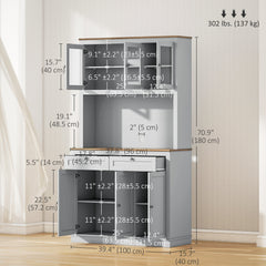 71" Pantry Cabinet with Microwave Space, Buffet with Hutch, 2 Drawers, Adjustable Shelves and Glass Doors, Blue