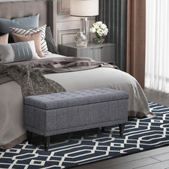 Storage Ottoman, Linen Fabric End of Bed Bench with Soft Close Lid, Button Tufted Storage Bench for Living Room, Entryway or Bedroom, 42" x 17" x 19", Beige
