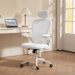 Office Chair, Mesh Computer Desk Chair with Adjustable Headrest, 4D Lumbar Support, Flip-up Arm, Grey