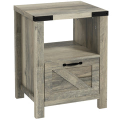 Side Table with Storage, Farmhouse End Table with Drawer, Open Shelf and Barn-style Panel, Nightstand for Living Room, Bedroom, Oak