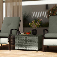 24.4" Patio Wicker Coffee Table, PE Rattan Outdoor Side Table with Tempered Glass Top, Black
