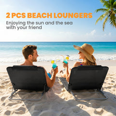 2 Pieces Beach Lounge Chair, Outdoor Folding Chaise Lounge Set w/ Pillow for Sunbath, Snap, Beige