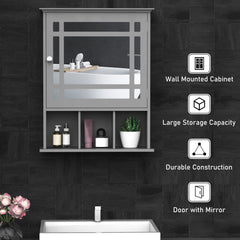 Bathroom Cabinet Wall Mount with Mirror Door 3 Shelf Organizer for Bathroom, Kitchen, Bedroom, Grey