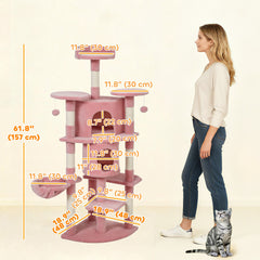 62" Cat Tree with Scratching Post, 2 Condos, Hammock, Perches, Plush, Pompoms, for Indoor Cats, Beige