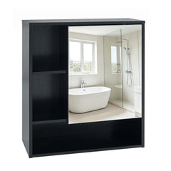 Wall-Mounted Mirror Cabinet with 2 Hidden Shelves and 3 Open Compartments-Black