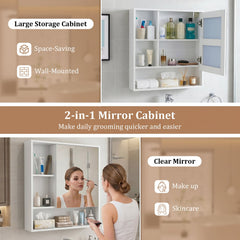 Wall-Mounted Mirror Cabinet with 2 Hidden Shelves and 3 Open Compartments-White